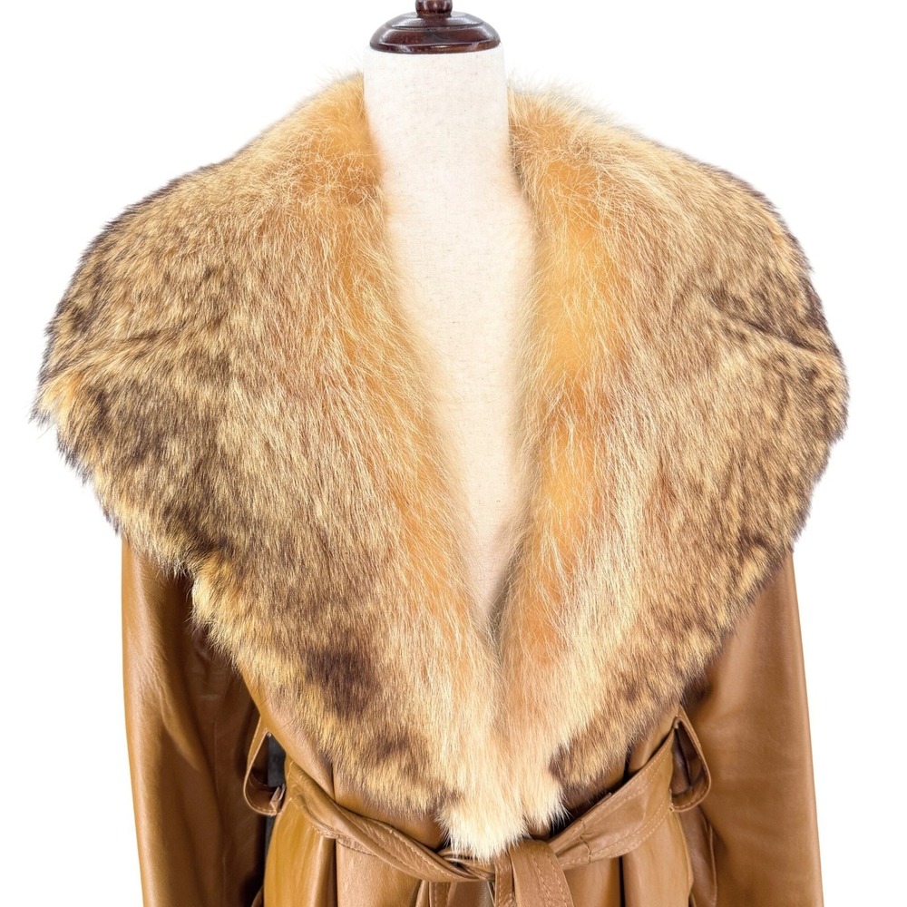 Joseph Magnin Vintage 70s Leather Trench Fox Fur Collar Belted Size 10 - Picture 6 of 8